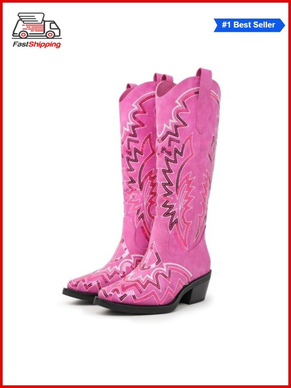 ✨ Sequin Embroidered Mid Calf Western Cowgirl Boots Chunky Block Heel Pointed